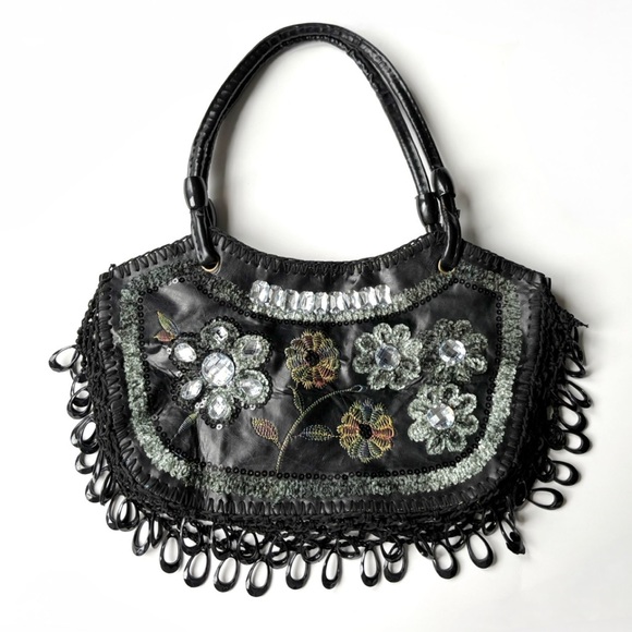 Handbags - Y2K Vintage Embroidered‎ Beaded Sequin Embellished Black Vegan Leather Boho Bag